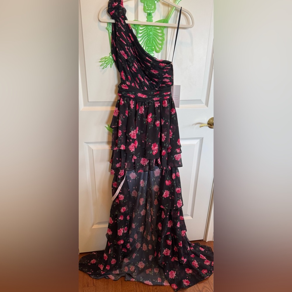 Mac Duggal Black One-Shoulder High-Low Floral Dress with Pink Roses - Picture 2 of 5